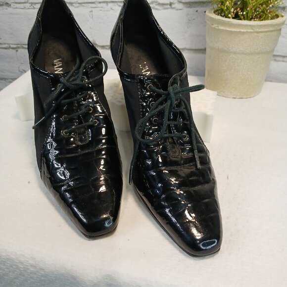 VANELI SHOES, BLACK REPTILE PATTERN LEATHER AND STRETCH FABRIC LACE UP SIZE 6M - Picture 6 of 8